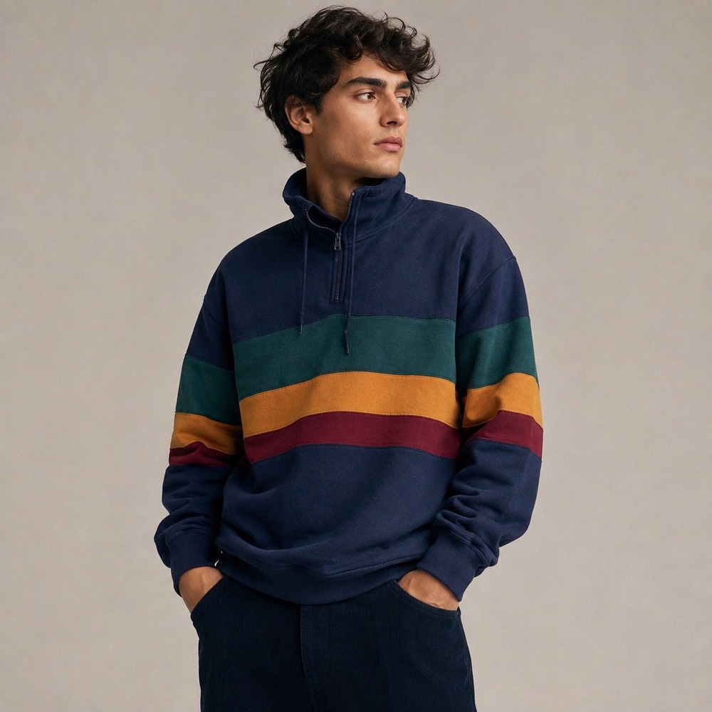 Award Vintage Colorblock Quarter Zip Sweatshirt 90s Striped Fleece Pullover L